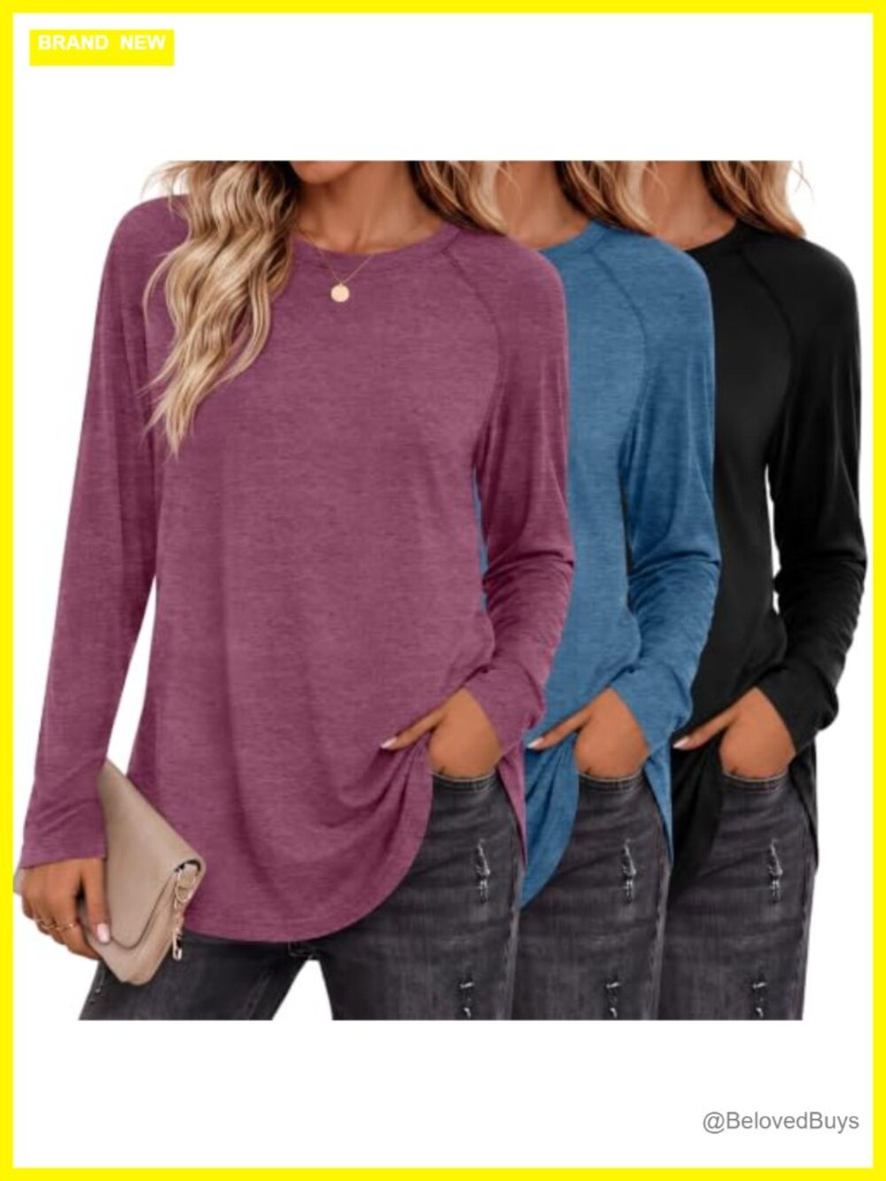 Womens Raglan Long Sleeve Tunic Tops Crew Neck Loose Fit 3 Pack
